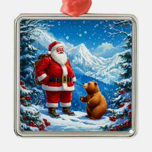 Santa Claus trifft freundlichen Bären im schneebed Ornament Aus Metall