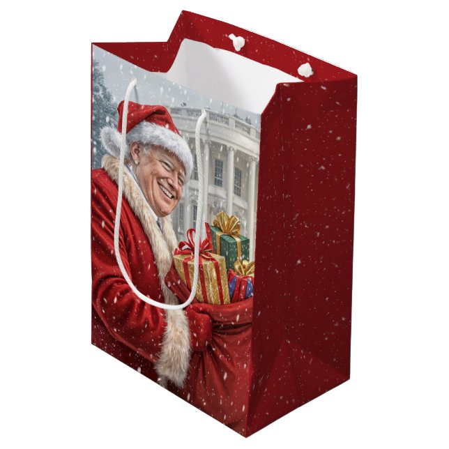Santa Claus Trump mit Geschenktasche Mittlere Geschenktüte (Vorderseite Schrägansicht)