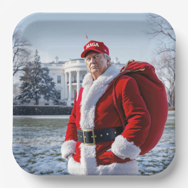 Santa Claus Trump mit rotem Sack Pappteller (Vorderseite)