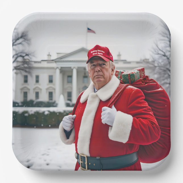 Santa Claus Trump mit rotem Sack Pappteller (Vorderseite)