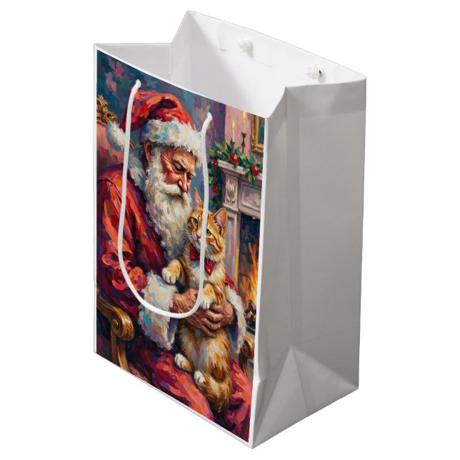 Santa Claus Turkish Angora Cat Christmas Art Mittlere Geschenktüte (Vorderseite Schrägansicht)