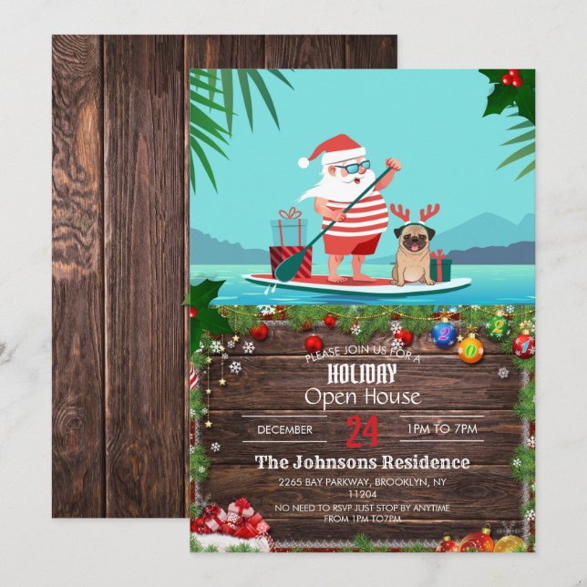Santa Claus und His Pug Wir haben Surfboard Einladung (Vorne/Hinten)