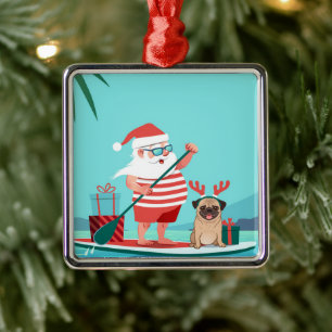 Santa Claus und His Pug Wir haben Surfboard Ornament Aus Metall