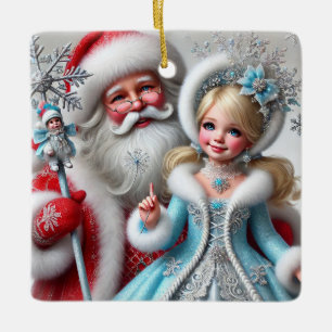 Santa Claus und Schneemädchen in einem Winterwunde Keramikornament