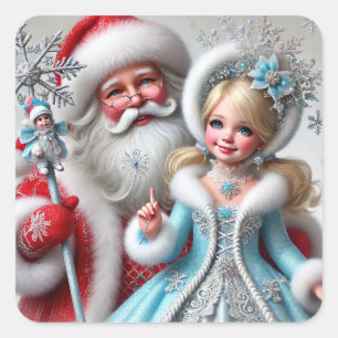 Santa Claus und Schneemädchen in einem Winterwunde Quadratischer Aufkleber