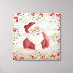 Santa Claus Watercolor Winter Berries Rot Vintag Leinwanddruck