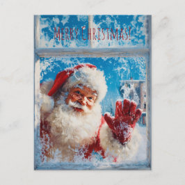 Santa Claus waving cheerfully from a snowy window Postkarte