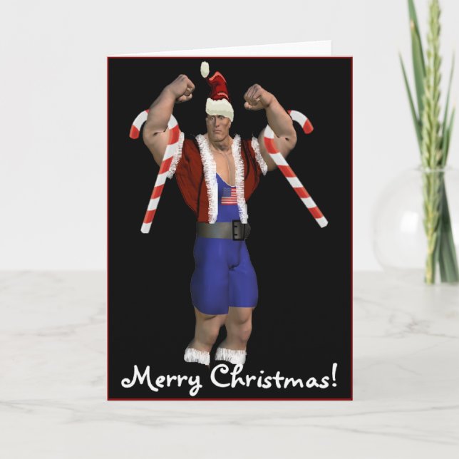 Santa Claus Weightlifter Joyeuse carte de Noël (Devant)
