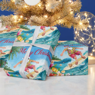 Santa Claus Weihnachten im Juli am Strand Surfer Geschenkpapier