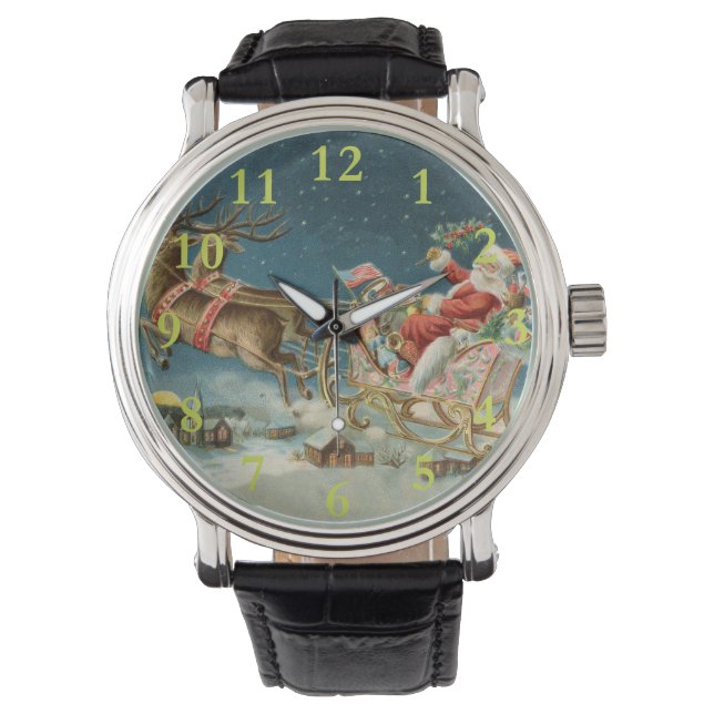 Santa Claus Weihnachts Antique Sleigh Rentier Armbanduhr (Vorderseite)