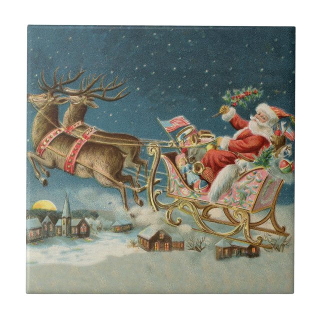 Santa Claus Weihnachts Antique Sleigh Rentier Fliese (Vorderseite)
