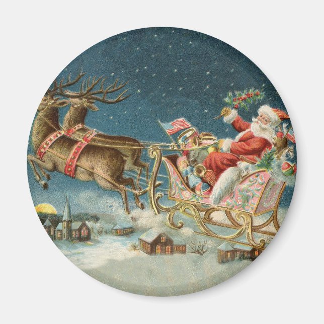 Santa Claus Weihnachts Antique Sleigh Rentier Magnet (Vorne)