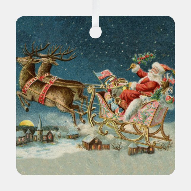 Santa Claus Weihnachts Antique Sleigh Rentier Ornament Aus Metall (Vorderseite)