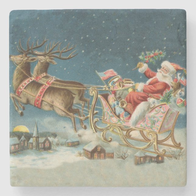 Santa Claus Weihnachts Antique Sleigh Rentier Steinuntersetzer (Vorderseite)
