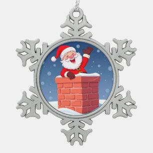 Santa Claus winkt fröhlich im Kamin Schneeflocken Zinn-Ornament
