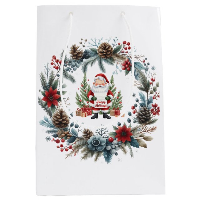 Santa Claus Winter Wreath Happy Holidays Mittlere Geschenktüte (Vorderseite)