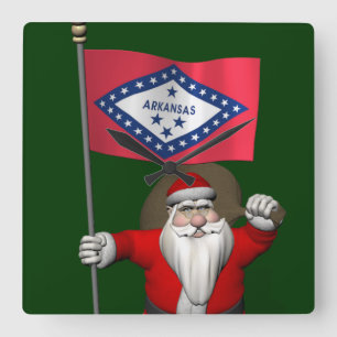 Santa Claus With Ensign Of Arkansas Quadratische Wanduhr