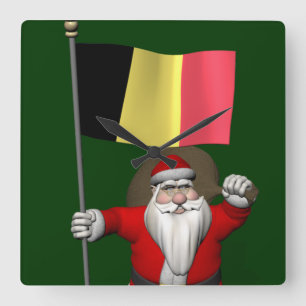 Santa Claus With Ensign Of Belgium Quadratische Wanduhr