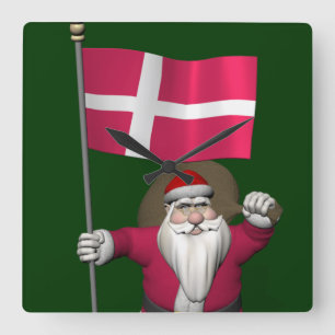 Santa Claus With Ensign Of Denmark Dannebrog Quadratische Wanduhr