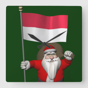 Santa Claus With Ensign Of Indonesia Quadratische Wanduhr