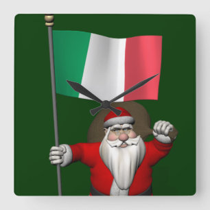 Santa Claus With Ensign Of Italy Quadratische Wanduhr