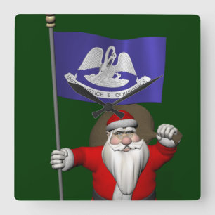 Santa Claus With Ensign Of Louisiana Quadratische Wanduhr