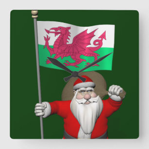 Santa Claus With Ensign Of Wales Quadratische Wanduhr