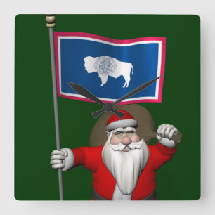 Santa Claus With Ensign Of Wyoming Quadratische Wanduhr