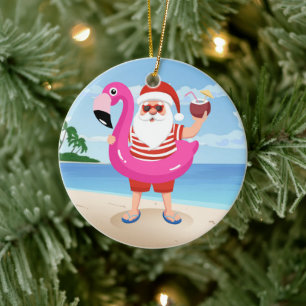 Santa Claus with flamingo Keramik Ornament