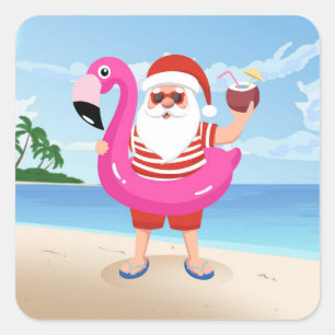 Santa Claus with flamingo Quadratischer Aufkleber
