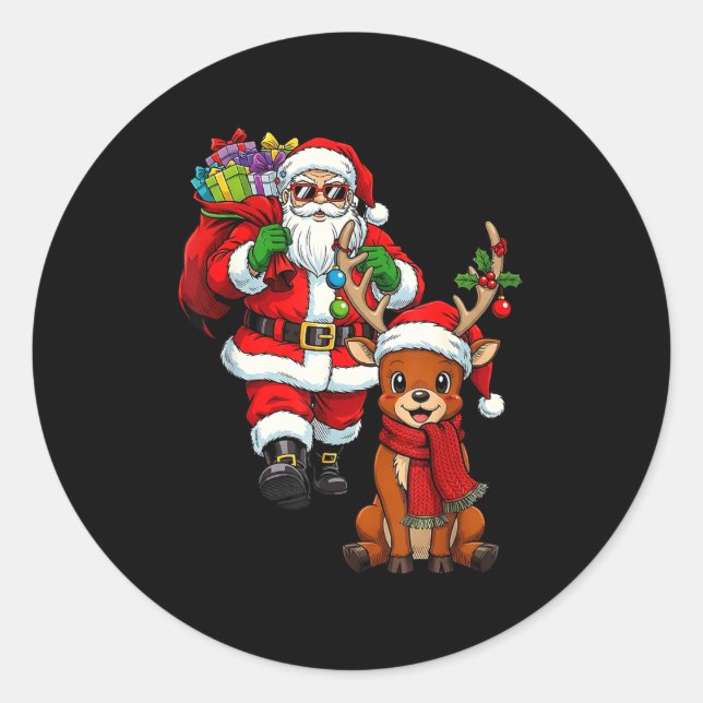 Santa Claus With Reindeer And Cool Christmas  Runder Aufkleber (Vorderseite)