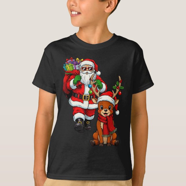 Santa Claus With Reindeer And Cool Christmas  T-Shirt (Vorderseite)