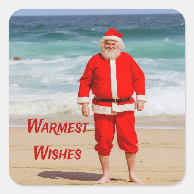 Santa Clause am Strand Warmest wünscht einen sonni Quadratischer Aufkleber (Vorderseite)