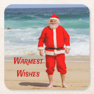 Santa Clause am Strand Warmest wünscht einen sonni Rechteckiger Pappuntersetzer
