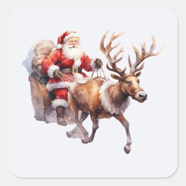 Santa Clause mit einem Rentier, der seinen Schlitt Quadratischer Aufkleber (Vorderseite)