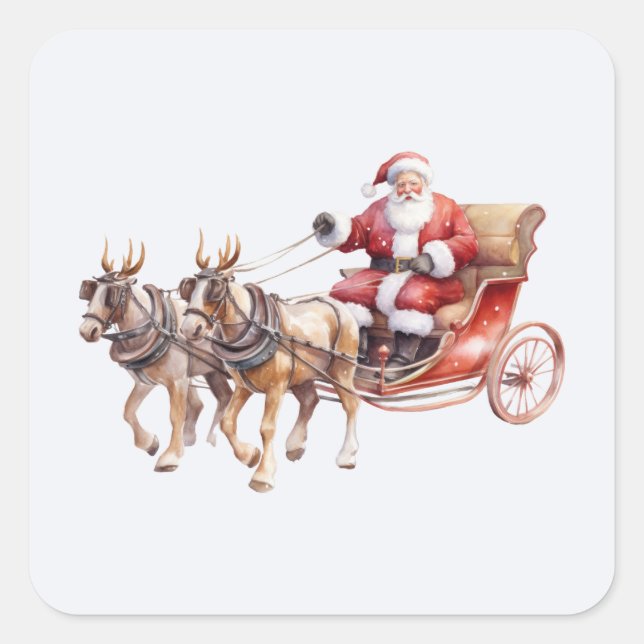 Santa Clause mit Pferden, die Rentiere tragen Quadratischer Aufkleber (Vorderseite)