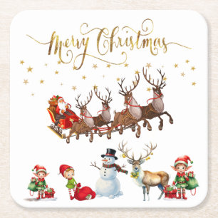 Santa Clause mit Rentieren, die seinen Schlitten z Rechteckiger Pappuntersetzer