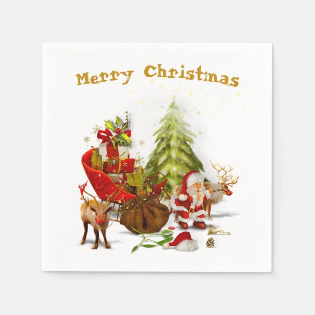Santa Clause mit seinem Schlitten und Rentiers Serviette (Vorderseite)