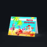 Santa Clause und der Birds Beach frohe Weihnachten<br><div class="desc">Diese fröhliche Weihnachtsgrüßkarte bietet Santa Clause am Strand. Er entspannt die Sonne, Palmen, seine Pfeife, einige lustige Wintervögel und einen rosa Flamingo mit einer Weihnachtsmannmütze und Kranz. Innen Gruß ~ "Herzliche Wünsche aus unserem Ferienparadies zu Ihrem... ". Der gesamte Text auf dieser Grußkarte kann personalisiert gelesen werden, wie Sie möchten....</div>