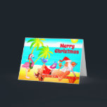 Santa Clause und der Birds Beach frohe Weihnachten<br><div class="desc">Diese fröhliche Weihnachtsgrüßkarte bietet Santa Clause am Strand. Er entspannt die Sonne, Palmen, seine Pfeife, einige lustige Wintervögel und einen rosa Flamingo mit einer Weihnachtsmannmütze und Kranz. Innen Gruß ~ "Herzliche Wünsche aus unserem Ferienparadies zu Ihrem... ". Der gesamte Text auf dieser Grußkarte kann personalisiert gelesen werden, wie Sie möchten....</div>