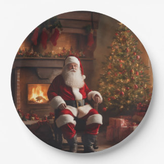 Santa Clause with Christmas Tree & Fireplace Pappteller