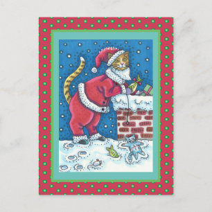 SANTA CLAWS CAT AUF ROOFTOP BRINGT GIFTS, FUNNY POSTKARTE