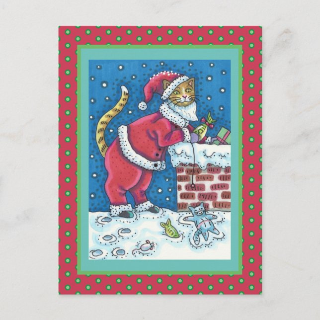 SANTA CLAWS CAT AUF ROOFTOP BRINGT GIFTS, FUNNY POSTKARTE (Vorderseite)