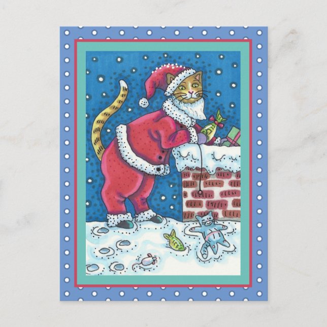 SANTA CLAWS CAT AUF ROOFTOP BRINGT GIFTS, FUNNY POSTKARTE (Vorderseite)