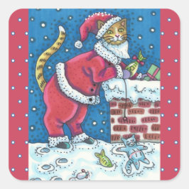 SANTA CLAWS CAT AUF ROOFTOP BRINGT GIFTS, FUNNY QUADRATISCHER AUFKLEBER