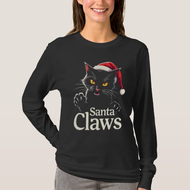 Santa Claws – Funny Black Cat Christmas Design T-Shirt (Vorderseite)
