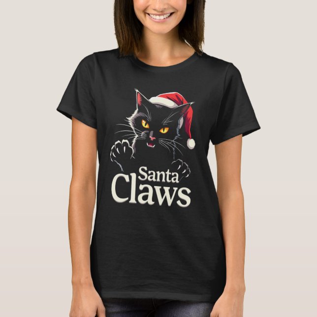 Santa Claws – Funny Black Cat Christmas Design T-Shirt (Vorderseite)