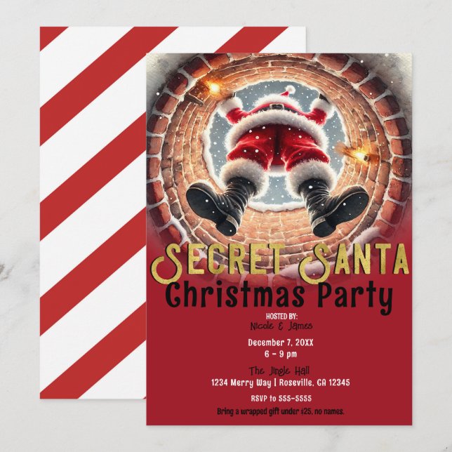 Santa Coming Down Chimney Secret Santa Party Einladung (Vorne/Hinten)