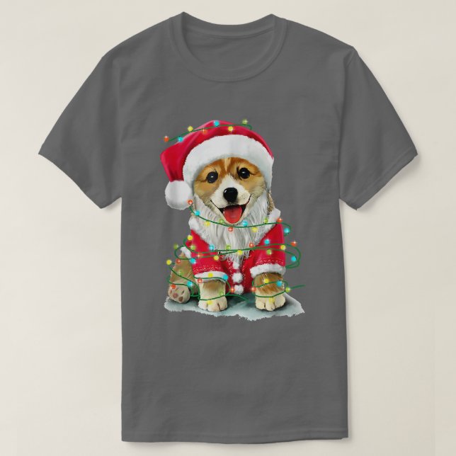 Santa Corgi Weihnachtsbaumleuchten T-Shirt (Design vorne)