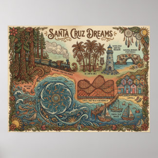 Santa Cruz California Dreams Karte – Lebendige Küs Poster